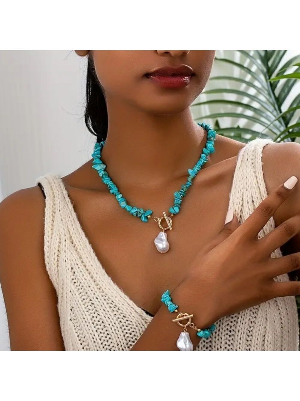 Turquoise and Pearl Beaded Golden  Necklace and Bracelet Set Fashion Jewelry